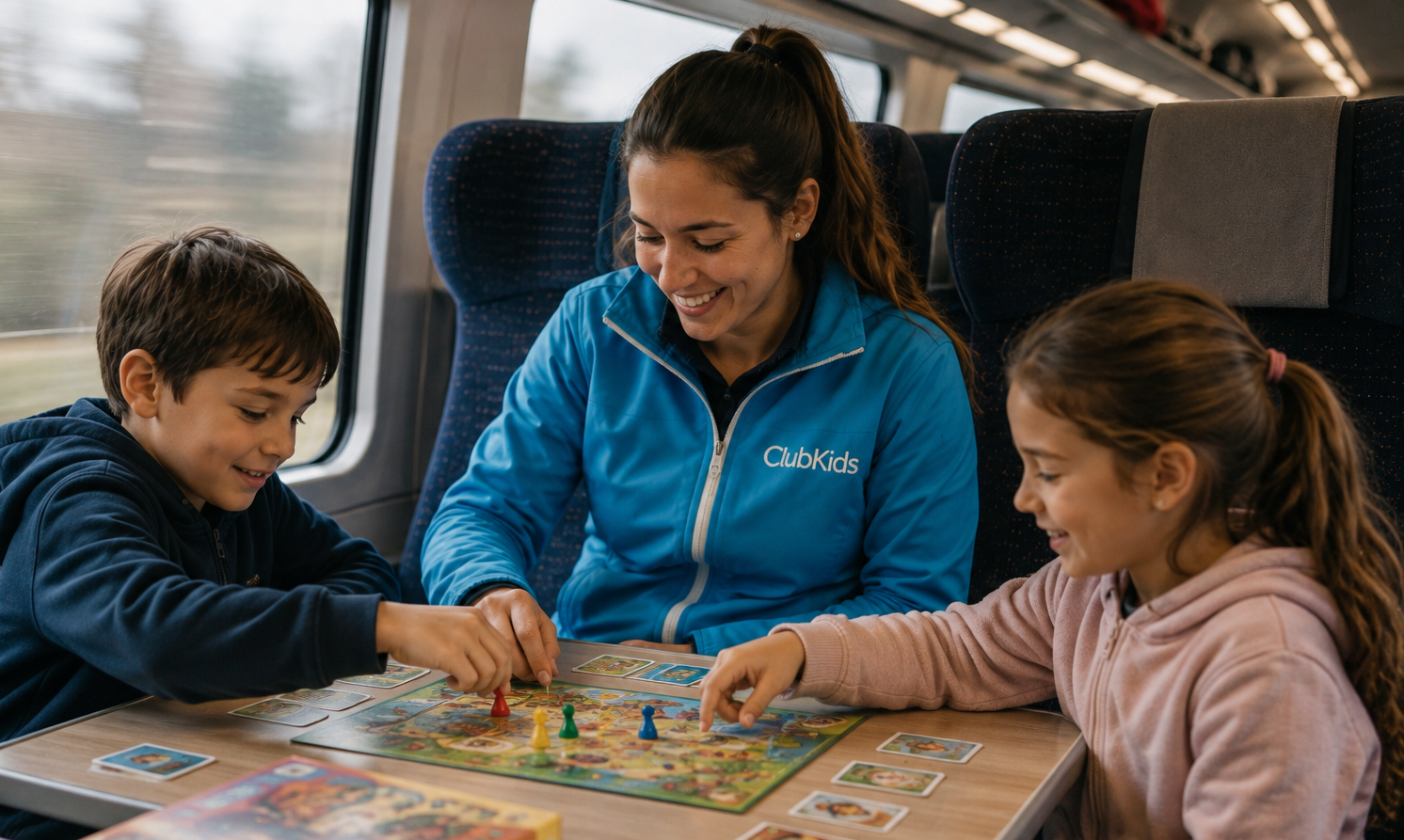 Accompagnatrice ClubKids avec deux enfants à bord d'un train