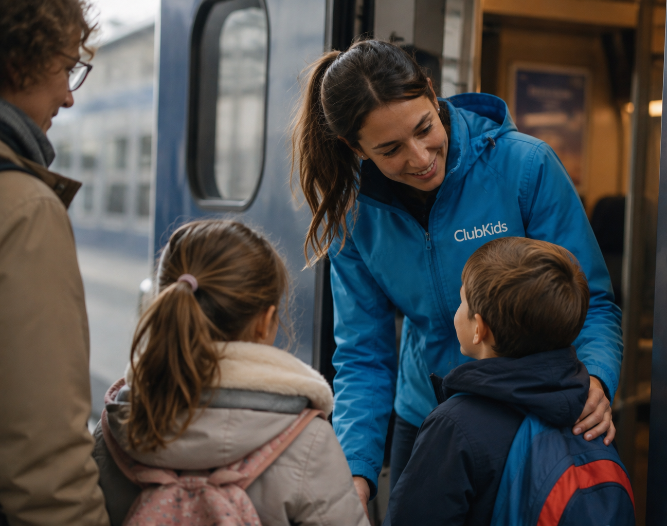 Accompagnatrice ClubKids accueillant des enfants en gare
