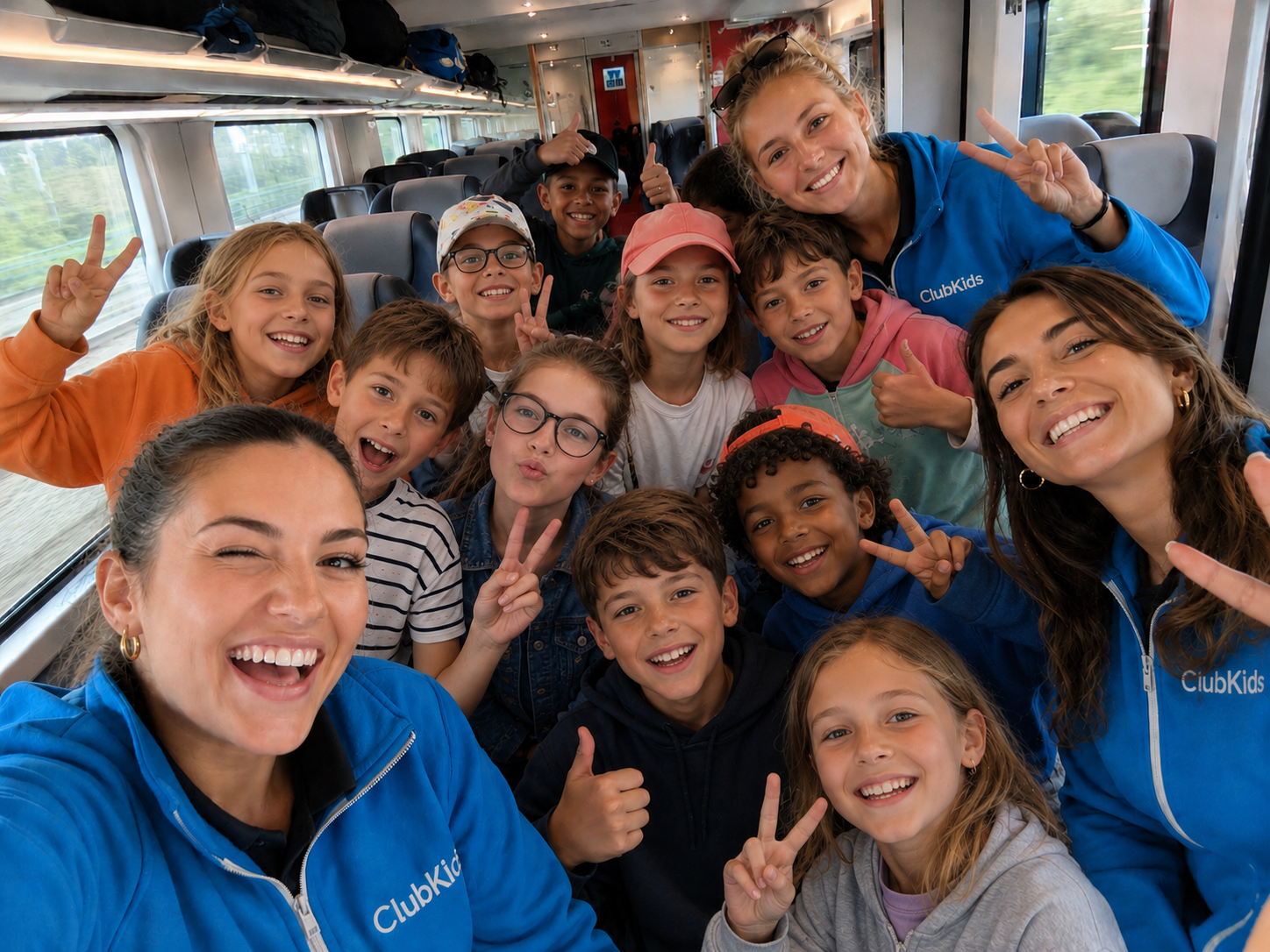 Enfants et accompagnatrices ClubKids à bord d'un train